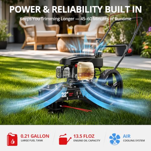 Image of AMERISUN 22-Inch 170cc Walk Behind String Trimmer with 14-Inch High Wheels | 4-Stroke OHV Gas Brush Mower, Foldable Handle, 1.9 inch-4.0 inch Adjustable Cutting Height for Tall Grass, Weeds & Brush