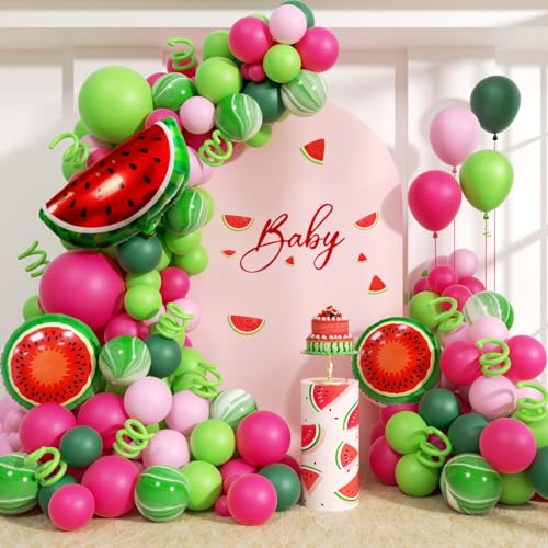 EICUECUE Fruit Balloon Garland Arch Kit - 157Pcs Watermelon Balloons Hot Pastel Pink Lime Green Balloon Arch Kit for Summer One in a Melon Theme Birthday Baby Shower Party Decorations