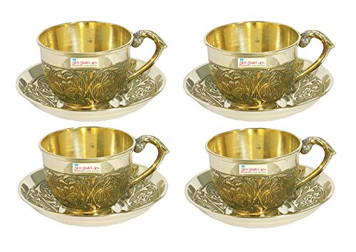 SHIV SHAKTI ARTS Handmade Set of 4 Brass Tea Cup and Saucer Sets Capacity=150 ml Each