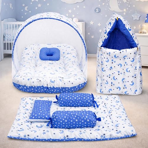 Image of Infantbond Designer Mattress with Net | Baby Sleeping Bag | Carry Bed (0-6 Months) (Moon Blue (N,S))