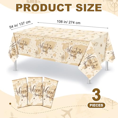 Image of Frienda 6 Pcs Adventure Awaits Tablecloth Travel Party Decorations Bon Voyage World Map Table Cloth Plastic Disposable Table Cover for Baby Shower Birthday Party Supplies, 108 x 54 Inch (Khaki)