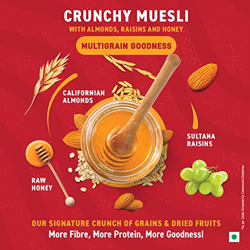 Image of Bagrry's Crunchy Muesli | 40% Fibre Rich Oats with Bran | 82% Multi Grains, Almonds, Raisins & Honey | Breakfast Cereal | Natural Muesli, 500 GM (Pack of 2)