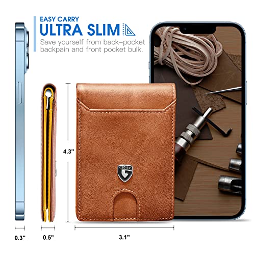Image of GSOIAX Mens Slim Wallet RFID Blocking Bifold wallets for men Minimalist Genuine Leather Carbon Fiber Card Holder Money Clip Thin Mens with Gift Box (Brown and Yellow)
