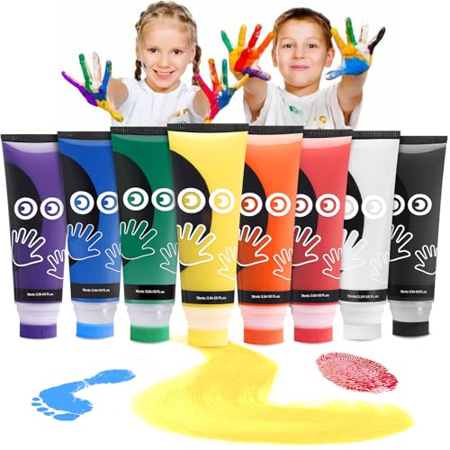 Taricor 8 Colors Finger Paint Sets, Non-Toxic Baby Safe Paint with Sponge, 8x75ml Washable Baby Paints for Kids Handprints, Mess Free Art Supplies for Kids, Preschool Learning Gifts, Ages 1-3 4 5 6+