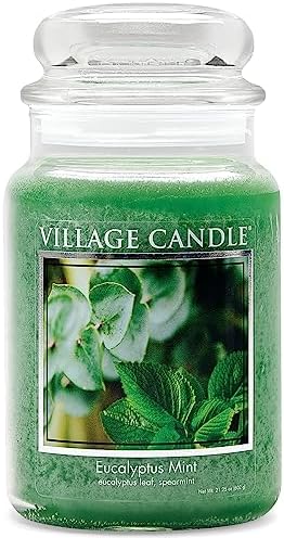Village Candle Eucalyptus Mint Large Glass Apothecary Jar Scented Candle, Gift for Mom & Dad, 21.25 oz., Green