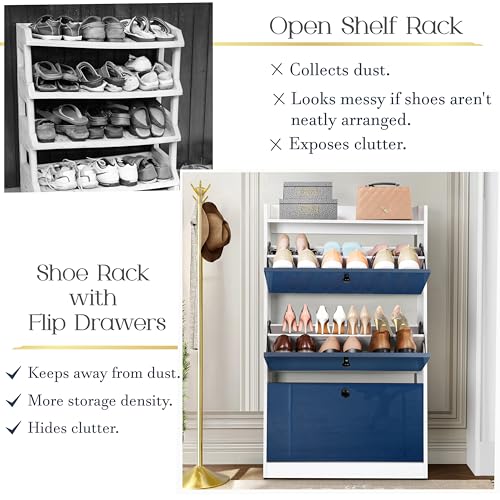 Image of ABOUT SPACE Shoe Rack for Home - 4.5ft 3 Tier Tilt Out Door Semi-UV Gloss Laminate DIY Engineered Wood Shoe Cabinet - Anti-tip Protection Removable Adjustable Panels for 18-20 Pairs - Blue & White