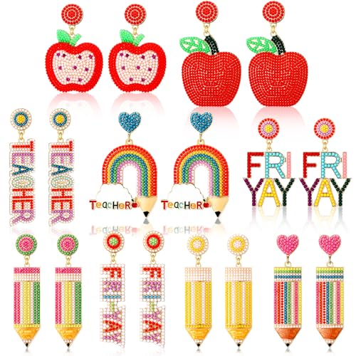 Tondiamo 18 Pcs Teacher Gift Earrings for Women Back to School Rhinestone Beaded Dangle Drop Pencil Friyay Earrings Teacher Appreciation Gift Colorful Dangle Jewelry Set for Graduation