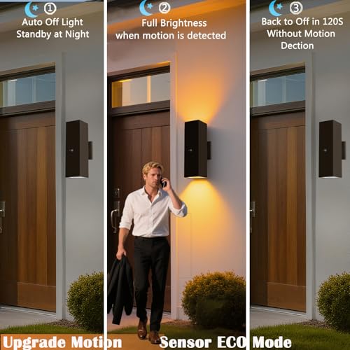 Image of Motion Sensor Outdoor Wall Lights 2-Pack, Dusk to Dawn Exterior Light Fixtures with 3 Lighting Modes, 13'' Up Down Porch Lights with 15W LED Bulbs, Waterproof Wall Sconce for House, Patio, Garage