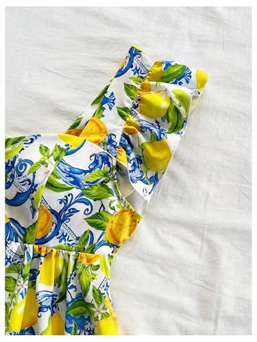 MakeMeChic Women's Lemon Print Ruffle Sleeve Blouse Peplum Summer Shirt Tops3