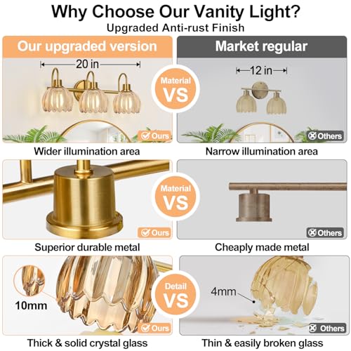 Image of Bathroom Light Fixtures, 3-Light Brushed Gold Vanity Lights for Bathroom with Ribbed Amber Tulip Glass Shade, 20 in Bathroom Vanity Lights Over Mirror for Bedroom, Living Room, Hallway