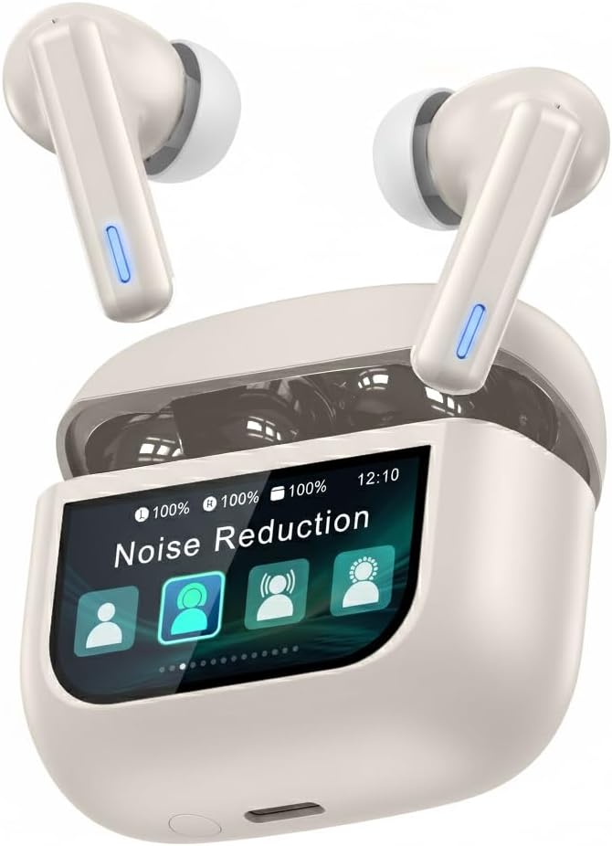 Wireless Earbuds Bluetooth Headphones, Ear Buds with Touch Screen, ANC ENC Noise Cancelling Transparency Mode, 40H Stereo Deep Bass, IPX7 Waterproof, Clear Calls, 5 EQ for iOS Android (Beige)