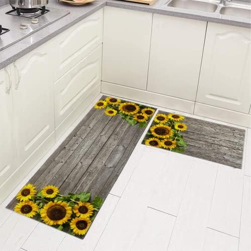 DOUNANEAS 2 Pcs Kitchen Rug Set, Sunflowers On Wood Board Design, Non-Slip Cushioned Anti-Fatigue Mats and Rugs Soft Crystal Velvet Non-Slip Doormat Carpet, White, 47x16 inch + 24x16 inch