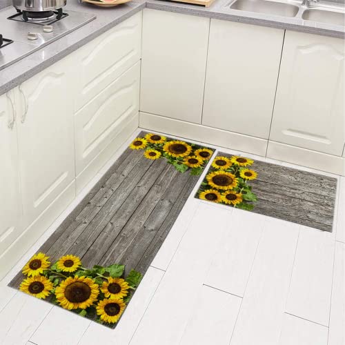 Dounaneas 2 Pcs Kitchen Rug Set, Sunflowers On Wood Board Design, Non-Slip Cushioned Anti-Fatigue Mats And Rugs Soft Crystal Velvet Non-Slip Doormat Carpet, White, 47X16 Inch + 24X16 Inch #TOP3