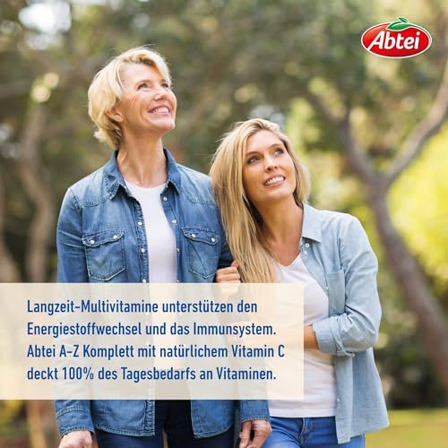 Abtei A-Z Komplett Langzeit-Multivitamine - mit natürlichem Vitamin C - Nahrungsergänzungsmittel für Vitalität und Wohlbefinden - laborgeprüft, hochdosiert und vegetarisch - 1 x 40 Tabletten