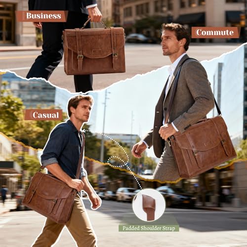 Image of RAINSMORE Flap Messenger Bag for Men Vintage PU Leather Laptop Bag 15.6 Inch Retro Briefcase with Wallet Satchel Computer Bag