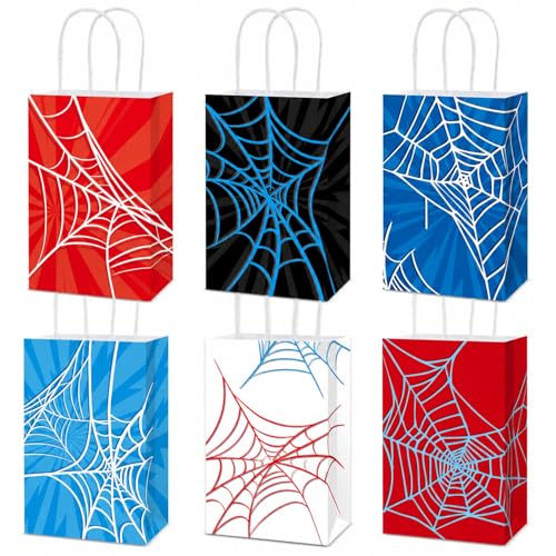 12Pcs Spider Party Favor Bags Spider Web Birthday Party Decorations Red Blue Black Color Gift Goodie Bags with Handles for Spiders Fans Kids Boys Birthday Baby Shower Game Parties Table Decoration