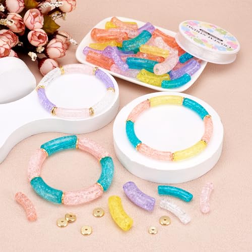 Craftdady 160Pcs Chunky Curved Tube Beads Stretch Bracelet Making Kit Acrylic Noodle Bamboo Bead Golden Flat Round Spacer Bead for Jewellery Making - Image 3