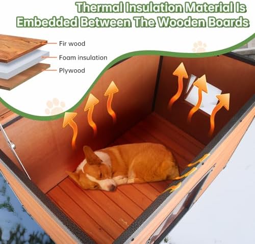 Insulated Outdoor Wooden Dog House, Weatherproof Chew Resistant Metal Frame Detail
