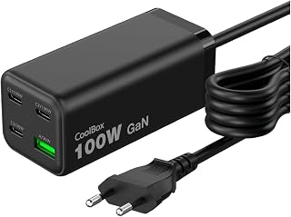 CoolBox 100W USB C GAN Charger, 4 Port Fast Charging (3USB-C + USB-A), Power Delivery PPS, Compatible with MacBook, iPad, iPhone 17/16/15, Samsung Galaxy, Pixel and Steam Deck