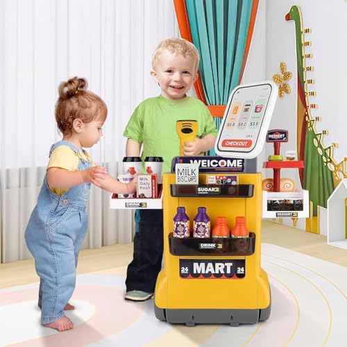 Image of Kids Supermarket Play Set Toy with Shopping Cart, Pretend Grocery Store Counter with Scanner, Cash Register, Coffee Machine, Display Shelves and Play Food Accessories (48PCS Cash Register Playset)