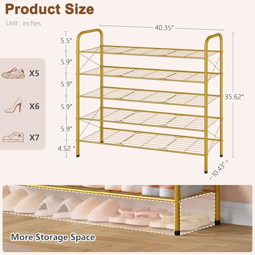 Image of Hoctieon 5 Tier Shoe Rack for Closet, Durable Mesh Style Shoe Rack, Entryway Shoe Shelf, Shoe Storage Organizer for Hallway, Bedroom, Living Room, Wardrobe, Gold