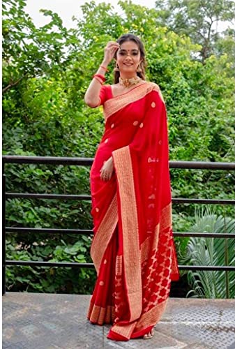 Image of Flosive Women's Present Banarasi Soft Lichi Silk Saree Beautiful Jacquard Rich Pallu Design Work Zari Woven Ayn Kanjivaram Silk Style Saree With Soft Lichi Silk Blouse Piece (Royal Red)