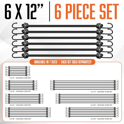 Image of 12 Inch Bungee Cords with Hooks - 6Pcs Bungie Set Heavy Duty Outdoor