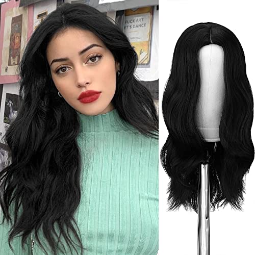 FESHFEN Noir Perruques Ondulés Longues, 55 cm Noir Naturelle Perruques Femmes Cheveux Longs Fêtes Perruques de Séparation Moyenne Ondulés Perruques Synthétiques Ondulés Perruque Femme Cover