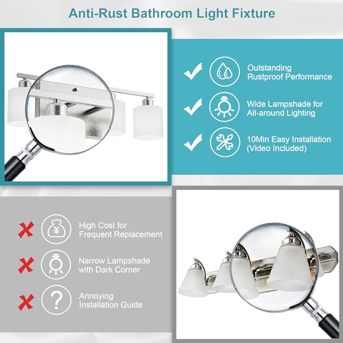 Image of Bathroom Lights Over Mirror Brushed Nickel, Anti-Rust 4-Light Bathroom Vanity Light Fixtures, Modern 24Inches Wall Sconces E26 Base, Milky White Glass Shades, Bulbs Not Included