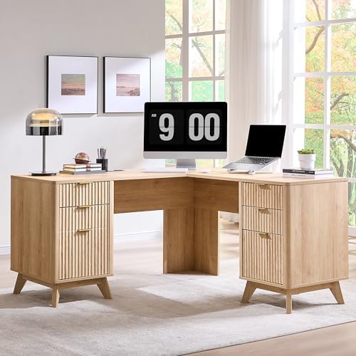T4TREAM 60'' Fluted Executive L Shaped Desk, Modern Home Office Desk with Charging Station and File Drawer, Computer Corner Desks with Drawers & Storage Cabinet for Office Home, Bedroom, Natural Oak - Thumbnail 5