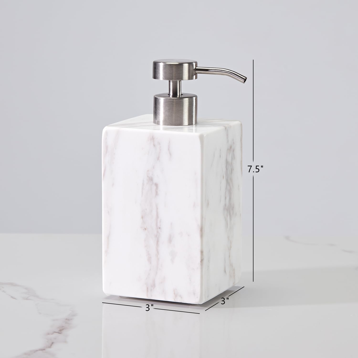 White Marble Soap Dispenser, Natural Organic Marble Soap Pump with Metal Push Pump, Elegant Square Hand Lotion Jar, Premium Heavy Duty Pump Bottle, Lotion Jar for Kitchen, Bathroom, Laundry Room