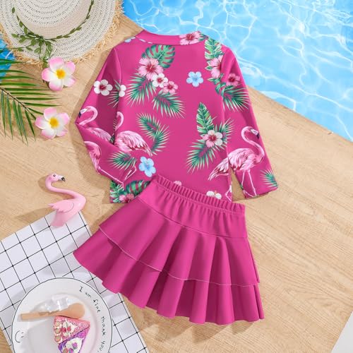 Image of Girls Rash Guard Swimsuit Set UPF 50+ Long Sleeve Two Piece Swimwear Half Zip with Skirt Bottom for Kids 3-10Y