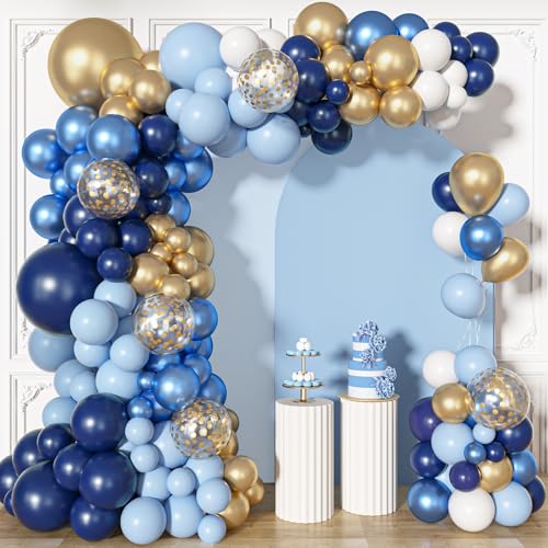 Image of Ouddy Life 156Pcs Navy Blue and Gold Balloon Garland Arch Kit, Royal Blue White Metallic Gold Confetti Mixed Sizes Balloons for Baby Shower Wedding Birthday Anniversary Graduation Party Decorations