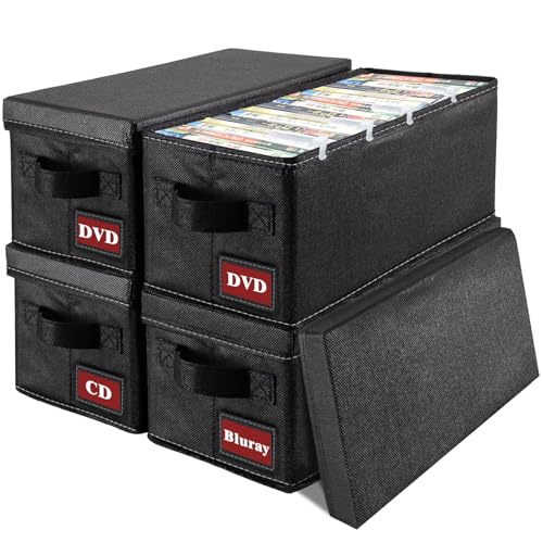 PUTNATRUE Boîte de rangement pour DVD, 4P - Grandes boîtes de rangement pour DVD avec couvercles, empilables, peut contenir jusqu'à 26 DVD, 54 CD, 38 jeux...