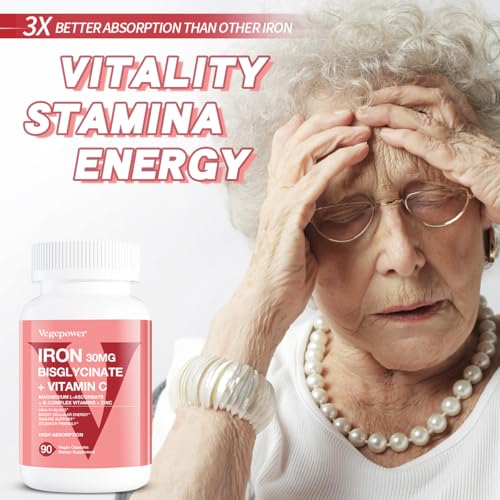 Iron Supplements for Women Men, Vegan Iron Bisglycinate 30mg Plus Vitamin C, B12, Folic Acid - Iron Pills for Anemia, Health Blood & Energy Support - Gentle, High Absorption, Non-GMO - 90 Capsules