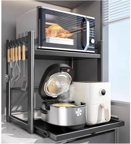 Adjustable 2-Tier Kitchen Counter Shelf with Pull-Out Tray, Metal Microwave and Rice Cooker Storage Rack Organizer, Gray (L: 22.8") for Space-Saving Solutions