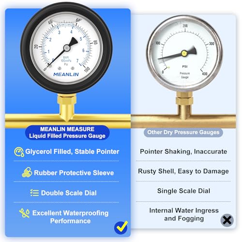 Image of MEANLIN MEASURE 0~100Psi Stainless Steel 1 /4 inch NPT 2.5 inch FACE DIAL Liquid Filled Pressure Gauge, Lower Mount (with Rubber Protective Sleeve), with 1 /2 inch NPT and 3 /8 inch NPT Hex Bushing