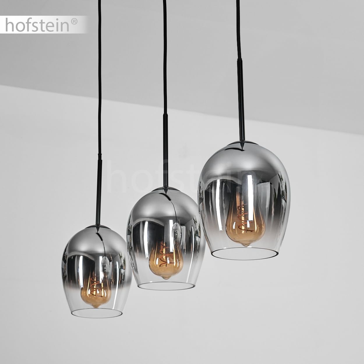 Pendelleuchte Vevino, Pendellampe aus Metall/Glas in Schwarz/Chromfarben/Klar, Leuchte im modernen Retro/Vintage-Design mit Schirmen aus Glas (Ø 15 cm), Höhe max. 150 cm, 3 x E27, ohne Leuchtmittel