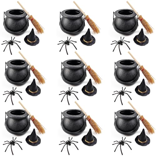 ROYHOO 48PCS Halloween Mini Witch Cauldron Set- 12 Pack Small Plastic Black Candy Cauldron with Spider Broom Witch Hat for Halloween Dollhouse Craft Accessories Table Decoration Supply