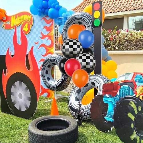 Image of Hot Car Balloon Bundle 20 Pcs Checkered Balloons Latex Balloon Orange Blue Black Red Yellow Boy 1st 2nd Hot Race Ca Fast One Two Fast Theme Wheels Race Car Birthday Party Decor Supplies Kit