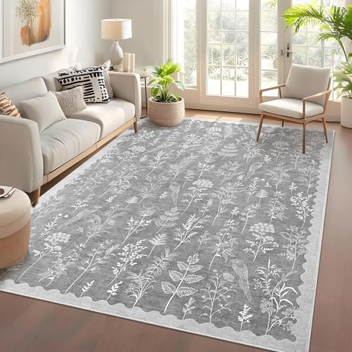 GarveeHome Washable 10x13 Area Rugs for Living Room, Modern Floral Rugs for Bedroom Non Slip, Soft Neutral Indoor Floor Carpet for Dining Room Home Office Kids Playroom Foyer Farmhouse,Grey