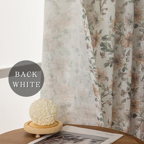 Image of SUOUO Brown Vintage Floral Semi Sheer Curtains Linen Textured for Living Room 96 inches Long Rod Pocket Window Drapes for Dining Bedroom 2 Panels