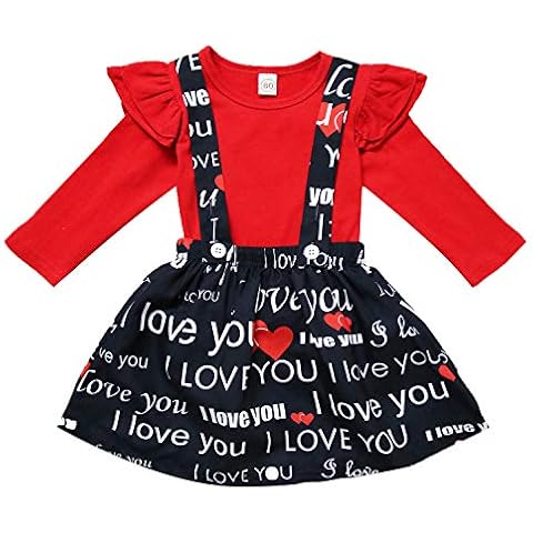 XFGLCK Toddler Baby Girls Valentine’s Day Outfit Ruffle Long Sleeve Shirt Tops +Heart Print Suspender Skirt 2Pcs Set (Red+Black, 5-6 T) Cover