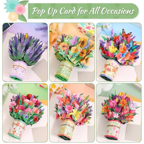 6 Pack Paper Flower Pop Up Cards, Flower Bouquet Card Popup 3D Greeting Cards for Mother's Day, Graduation, Anniversary, Birthday, Congratulations, Get Well, Home Decor, with Envelope and Note3