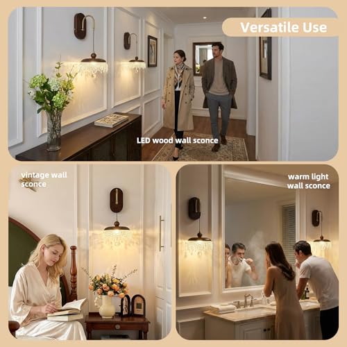 Image of LED Wall Sconce,Wood Wall Light Fixtures,8 inch Indoor Hardwired Wall Light,Vintage Scones Lighting for Bedroom Living Room Bathroom Dining Room Hallway (1 Pack)