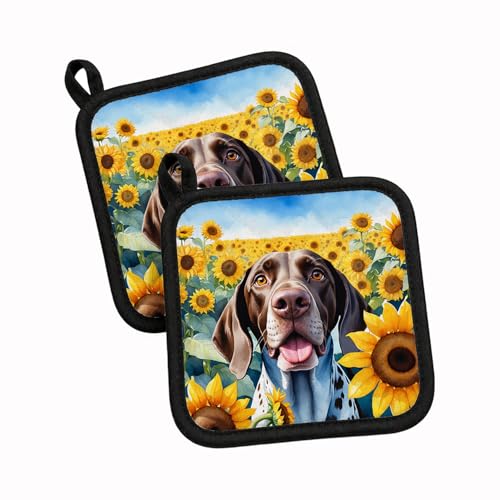 Caroline's Treasures German Shorthaired Pointer in Sunflowers Pair of Pot Holders Kitchen Heat Resistant Pot Holders Sets Oven Hot Pads for Cooking Baking BBQ, 7 1/2 x 7 1/2