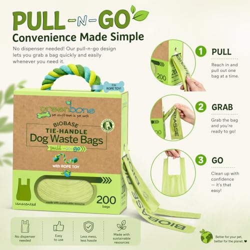 Image of Greenbone Poop Bags for Dogs with Handles Unscented with Bonus Rope Pet Toy, 200 Count on Single Roll, Plant Based