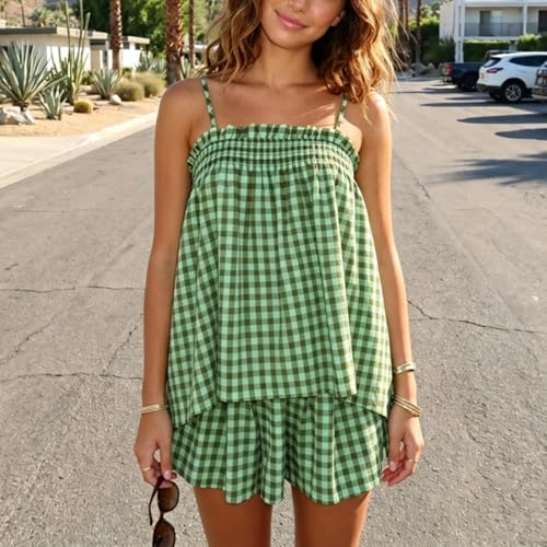 Image of Yuemengxuan Women 2 Piece Casual Lounge Set Sleeveless Strappy Tie Back Cami Top Wide Leg Shorts 2Pcs Summer Pj Set Beachwear