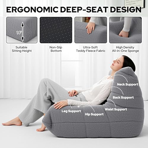 Image of HABUTWAY Bean Bag Chairs Fireside Lazy Floor Sofa,Single,Light Grey | Soft Teddy Fleece Bean Bag Sofa with High-Resilience Foam Filling,Beanbag for Living Room, Bedroom, Office
