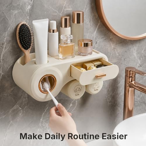 Image of HASTHIP Tooth Brush Holder Bathroom with Toothpaste Dispenser, Wall Mounted Storage Shelf with Drawer & 2 Cups, Adhesive Installation, PP Cosmetic Holder, Toothbrush Holder